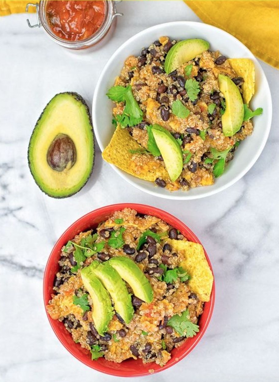 Ingredients: quinoa, salsa, tortilla chips, avocado, black beansGet the full recipe here.