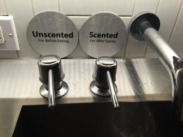 This bathroom that gives you a choice of soap, depending on whether you've eaten or not.