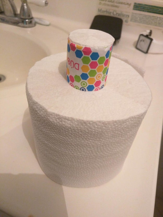 This toilet roll that comes with a miniature travel toilet roll in the middle, instead of a cardboard tube.