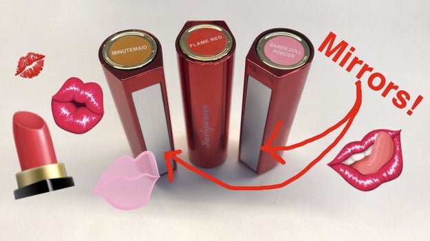 I tried the shades Minute Maid, Flame Red, and Barbie Doll Powder. They're packaged in these red and gold tubes with little mirrors on the back.