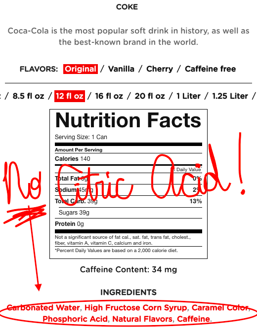 Citric acid not listed among coke&#x27;s ingredients