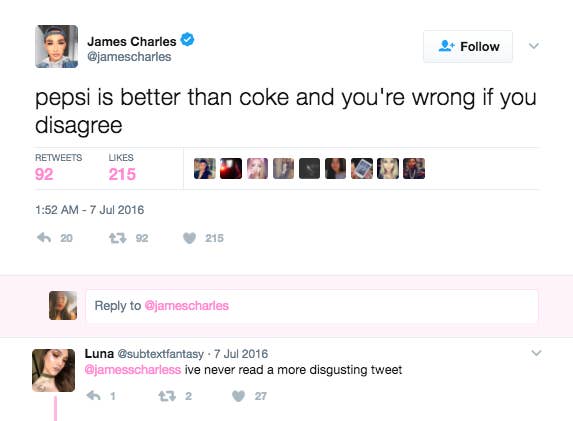 an old tweet of james charles saying pepsi is better than coke, and someone in his replies disagreeing