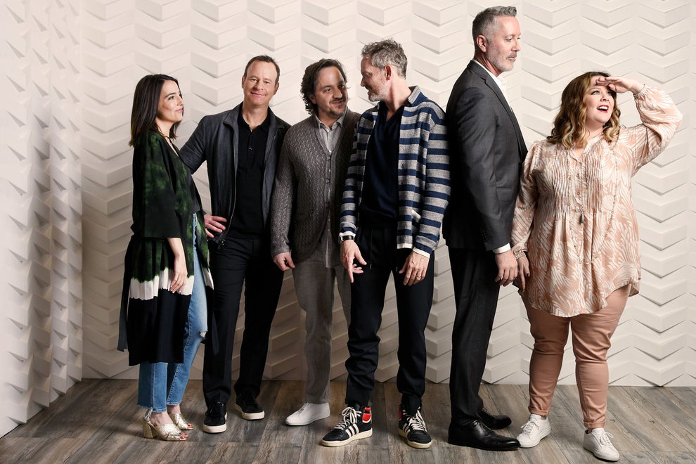 Nobodies executive producers Melissa McCarthy and Ben Falcone with showrunner Michael McDonald and stars Hugh Davidson, Larry Dorf, and Rachel Ramras