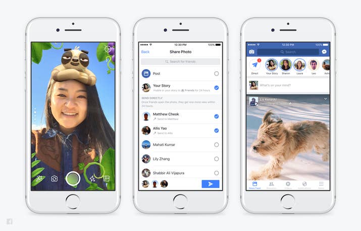 From left: Facebook Camera, Direct, and Stories.
