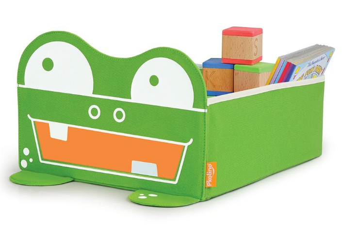open top storage bin with a monster face on the front