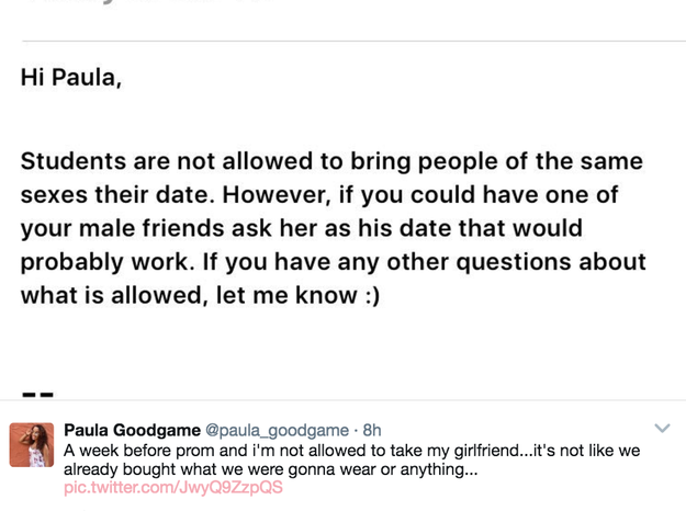 Goodgame shared a screenshot of the counselor's email response along with a photo of herself and her girlfriend. "It's not like we already bought what we were gonna wear or anything," she wrote.