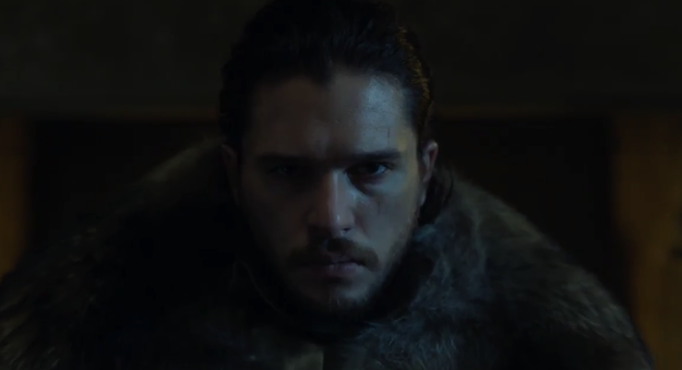 Back in the North, Jon – who is definitely still alive – is sat in the significantly more modest throne room of Winterfell.