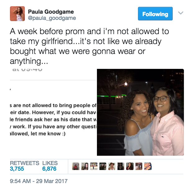 But on Wednesday, the Florida student tweeted out some bad news. She had discovered she wouldn't be allowed to take her girlfriend to the big dance as her date, according to an email she received from her school guidance counselor.