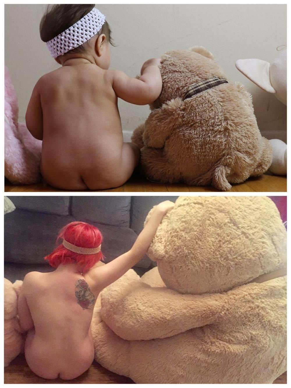 My sister sent us a photo of our niece in her new bear. My partner turns to me, looks at our 9 foot stuff bear, and says "Hold my beer"