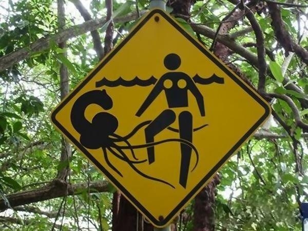 Esta señal que dice que si eres una persona con dos cocos puestos en los pechos tienes que tener cuidado con penes con tentáculos que rondan por la arena de la playa.