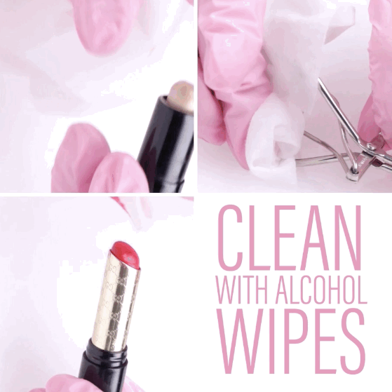 Instrucciones: Limpia suavemente con una toallita con alcohol la capa o superficie externa del maquillaje. Deja que se seque antes de usarlo. Adecuado para: * Barra de labios* Corrector en barra * Herramientas metálicas* Lápiz de ojos * Lápiz de labios.