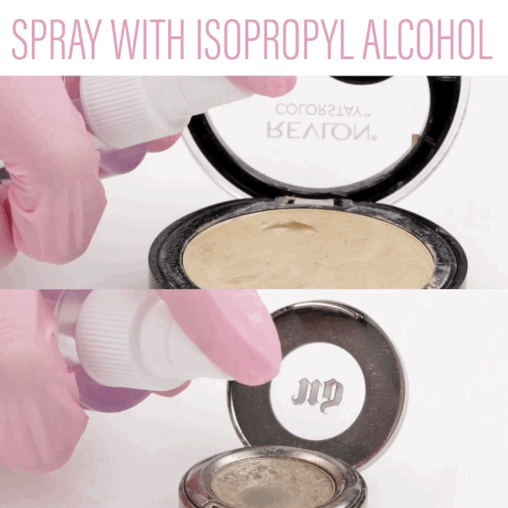 Instrucciones: Llena una botella pequeña de spray con alcohol isopropílico y rocíala con ella el maquillaje una o dos veces, manteniendo la botella a unos centímetros de distancia. Deja que se seque antes de usarlo. Adecuado para: * Polvos prensados* Maquillaje en crema * Herramientas metálicas * Forro del bolsito del maquillaje