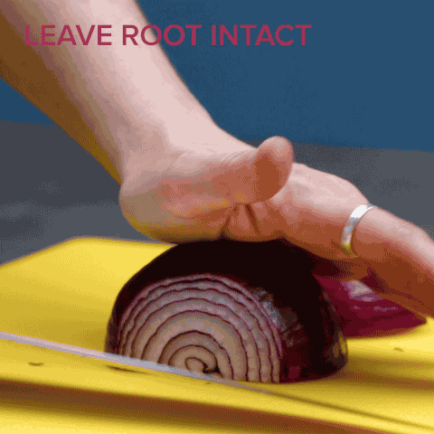 1. With a chef’s knife, cut off the top end of the onion.2. Place the onion upside down with the root end pointing up. Cut the onion in half straight through the root.3. Remove the onion skin.4. Lay onion halves down on their flat sides.5. Make 2 horizontal cuts making sure to not cut through the root end.6. Then make 6–8 cuts downward making sure to leave the root intact. 7. Next, with the knife blade running parallel to the root end, make several cuts downward dicing the onion.8. Discard the root end.
