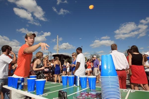 Every party goers most noticeable game! It's beer pong! It can be played in 6 or 10 cup format and usually 1 Vs. 1 or 2 Vs. 2. Simply make all of your opponents cups before they can make all of yours. Many different versions of rules exist and can be dependent on the table owner or home owner.
