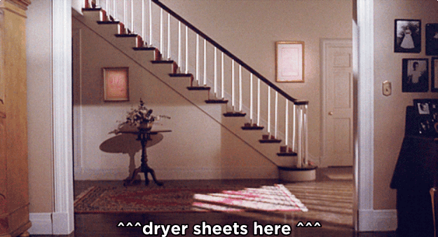 "Put dryer sheets on the floor, stand on them, and slide around. They pick up dust, hair, etc., and and make the house smell great!" —natashal441d643b6