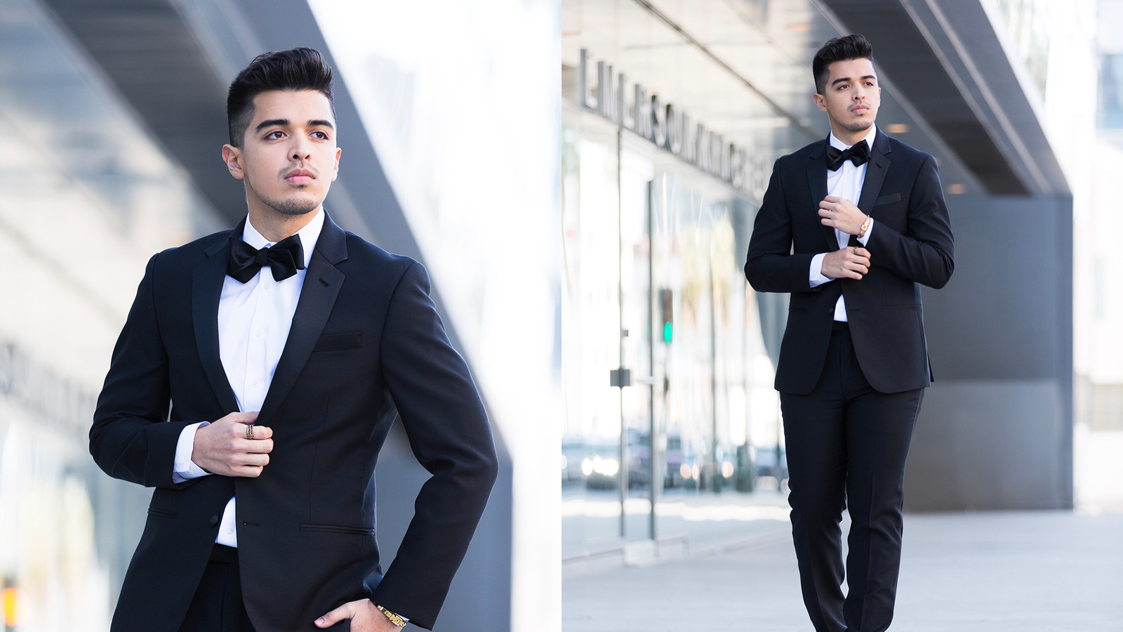 Man Half Face Young Handsome Elegant Model In Suit With Skinny Necktie Poses  With Hands In Trouser Pockets One Leg Backward Outdoor On Masonry  Background Stock Photo, Picture and Royalty Free Image.
