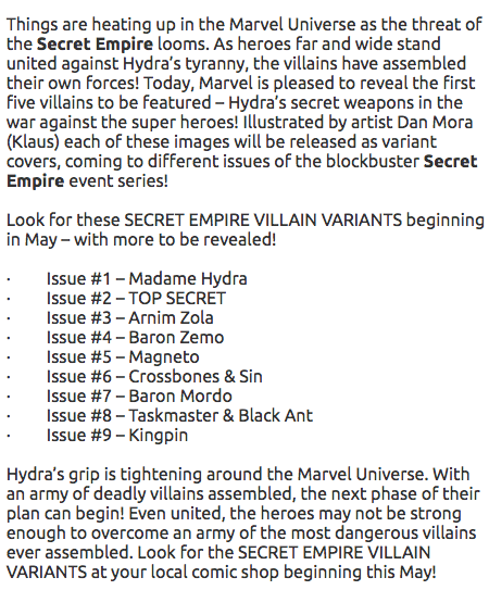 Last week, it was announced that there would be a series of variant covers for Marvel's upcoming Secret Empire comic event.