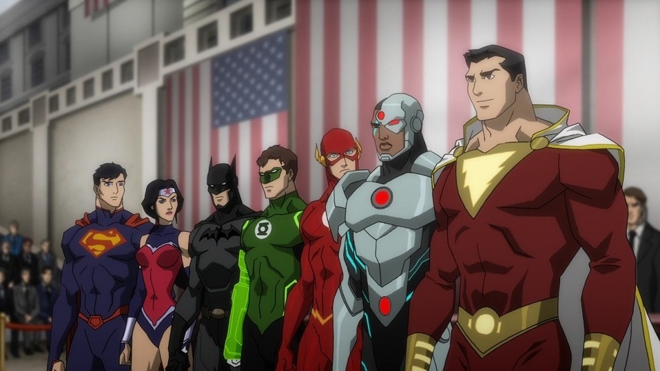 Superman, Wonder Woman, Batman, Green Lantern, The Flash, Cyborg, and Captain Marvel. The Justice League of America.