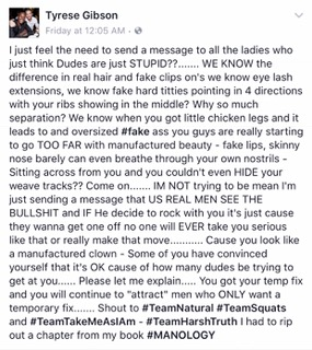 This isn't the first time Tyrese's "relationship advice" has caused an upset. There was that time he told women that weaves and cosmetic surgery are the reason some of them are single.