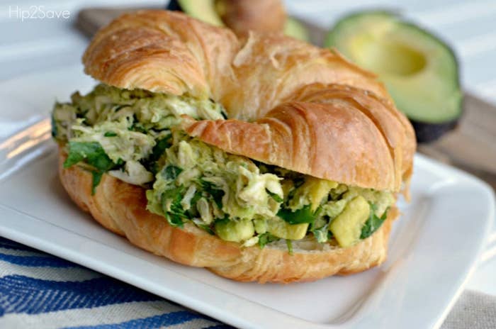 Mix shredded chicken (rotisserie is easiest), a chopped avocado, and 1/4 cup of cilantro. You can eat it plain or put it in a croissant to make a sandwich. Via Hip2Save.