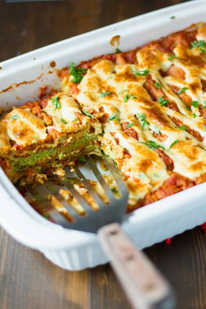 Layers of savory cashew cream and spinach "ricotta" take the place of cheese in this easy weeknight dinner. You can whip up both of these dairy-free fillings in your food processor in about 10 minutes. Get the recipe.