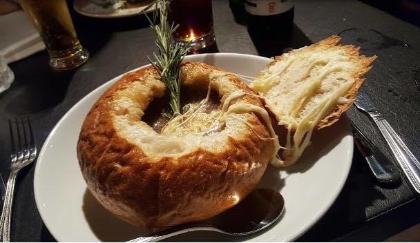 Yes, it is what it looks like. Onion soup poured into a bowl made out of bread. Bread makes everything better, fact. Babucho's speciality is turning a simple-sounding meal into something spectacular. Case in point, this soup and the delicious carbonara served with a fried egg on top.