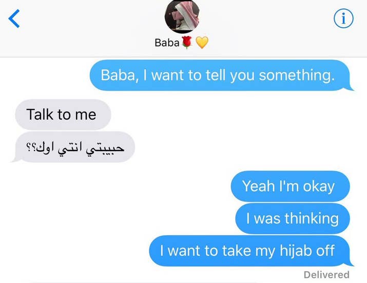 Lamyaa didn't intend to not wear her hijab. But she texted her dad to gauge his reaction: 'I was thinking I want to take my hijab off,' she wrote to him.