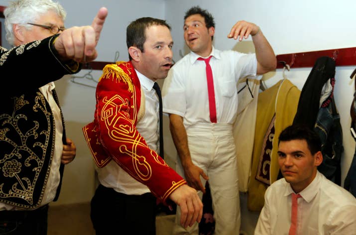 Here he is wearing a bullfighter's bolero jacket during a campaign rally.