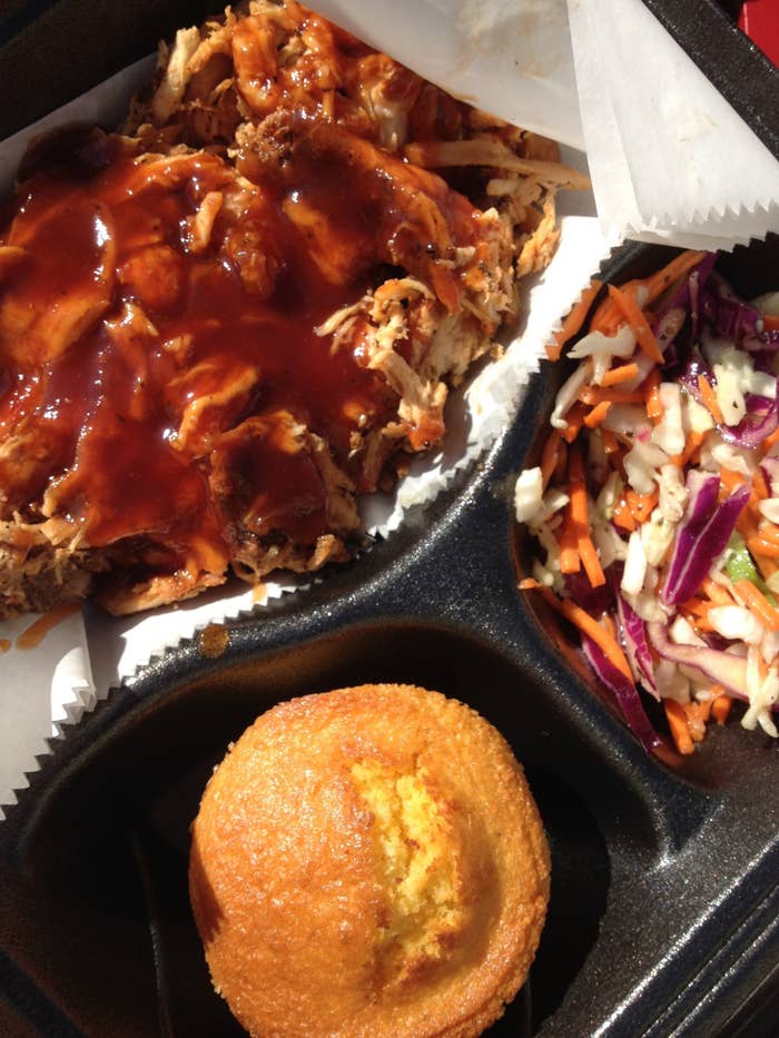 Meat that falls off the bone. Cornbread, coleslaw, and other tasty fixin’s. It’s finger lickin’ good.