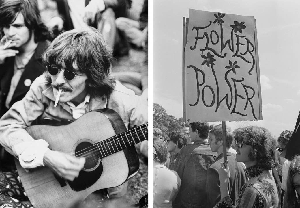 Esquerda: George Harrison toca uma guitarra emprestada entre uma multidão de hippies locais passeando pelo Golden Gate Park de San Francisco em 1967. Direito: Demonstrativos marcham em apoio à legalização das drogas no Hyde Park, em Londres, em 1967.