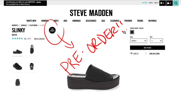 The "Slinky" is currently only available for pre-order (at $69.95 a pop) on the Steve Madden site...