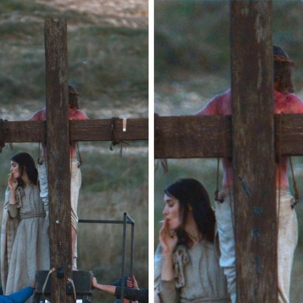 Here's A Photo Of Rooney Mara As Mary Magdalene Smoking A Cigarette While  Jesus (Joaquin Phoenix) Is Crucified