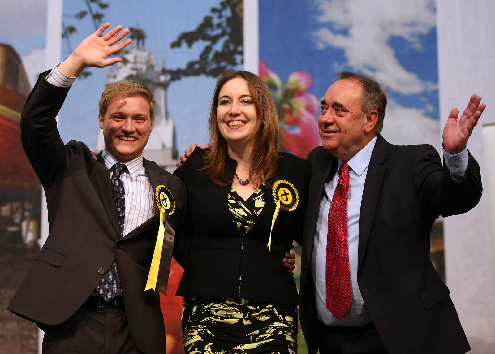 Alex Salmond with SNP Banff and Buchan candidate Eilidh Whiteford and fellow SNP candidate Stuart Donaldson after it was announced they had won their seats