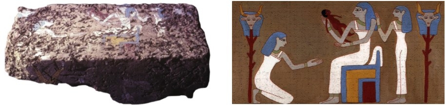 Well, Childbirth was usually received by rituals, medico-magical spells, amulets and other distinct objects by Ancient Egyptians. These practices were necessary to safeguard the survival of both mother and child. As such, according to a source from the Journal of Egyptian Archaeology, woman in labour are expected to deliver her baby by squatting on four birth bricks; stacked in pairs. That’s right! Squatting! It was believed to be a common practice for the birthing mother during Pharaonic times. Moreover, these bricks allowed the child to be easily accessible to the midwives as the mother is being elevated from the ground. If you closely examine, the bricks are colourfully engraved with images of a mother holding her child surrounded by two midwives on both sides and Hathor (A deity who is commonly depicted as a cow goddess and associated with motherhood, love and childbirth). The most intriguing part is that the women on the bricks are depicted with an unusual hair colour; blue. Blue being the colour of water is also associated with the oldest Ancient Egypt God; Nun. Therefore, equivalent to the power of creation and rebirth which symbolises the fact that these women have taken the form of spirituality. Despite the medical advancement in the current era, being in labour is still not a breeze. That being said, can you imagine how tedious it would have been to squat on bricks during labour!? SALUTES TO THEM WOMEN!