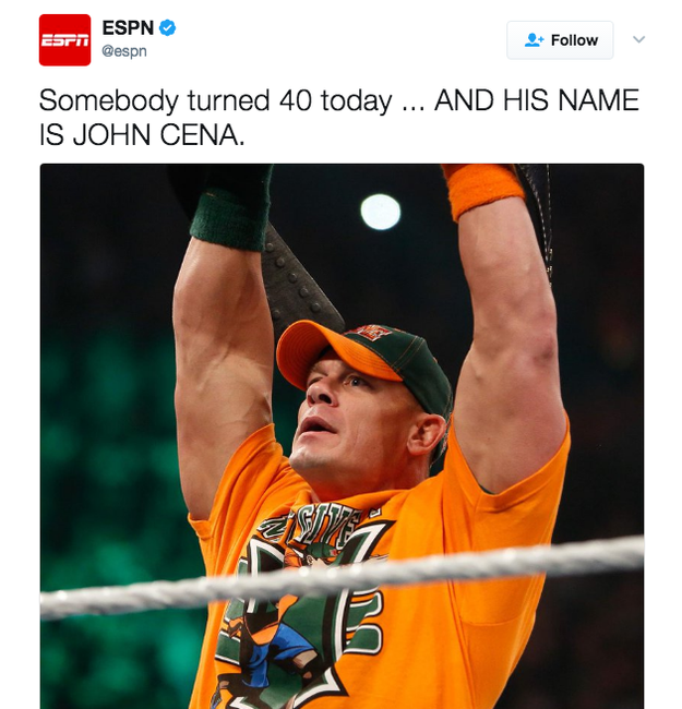 Yesterday, ESPN tweeted about Cena's birthday. He turned 40 years old.