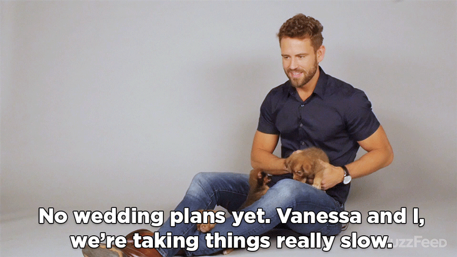 NV: No wedding plans, yet! Vanessa and I, we're taking things really slow and we're happy to do that. We've known each other for less than a year now. The Bachelor nation has a bit of a backlog with engaged couples, so there's plenty couples in line before us that have to tie the knot before we do.