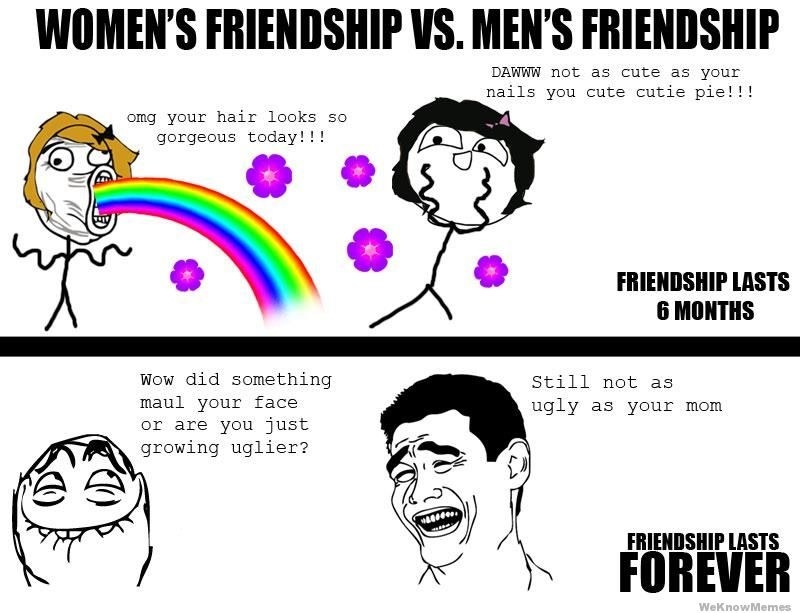 Friendships among boys are considered extensive. They generally have larger friend groups than girls and play outdoors rather indoors. In relation to this image, it shows the fact that boys focus more on dominance and competition such as joking in an insulting way as to say who is better than the other. On the other hand, friendships among girls are considered more intensive. They often play in smaller groups or pairs compared to the larger groups that boys play amongst. They normally remain indoors when participating in certain activities. Also, their friendships are characterized by agreement or self-disclosure. This is portrayed in the image above through their compliments to each other.