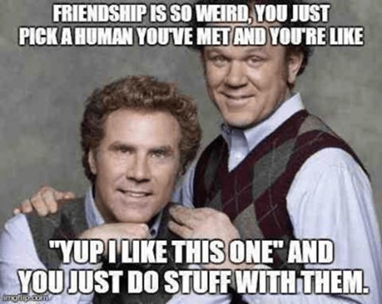 Friendships are characterized as a mutual liking of another person. Friends are people that you want to spend time with and may help children develop necessary social skills. Children in middle childhood are able to understand that these friendships are reciprocal and may often times continue as time goes on. This image portrays the idea that a child may find someone that they like and that likes them which then develops into a friendship. Thus, this results in them 'doing stuff' together and spending time with one another. These friendships during middle childhood are often described by certain characteristics such as loyalty, caring, cooperation, and trust.