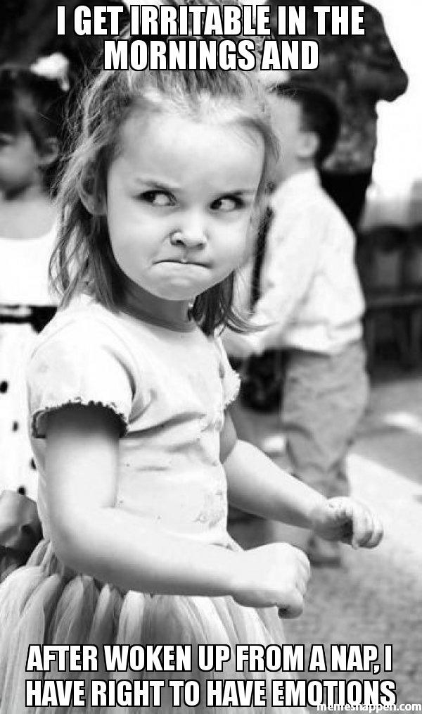 This picture illustrates the topic of emotional development and temperament covered in class. In class and watching the movie Inside out, we learned about children learning how to express their emotions. They should not hide their emotions as we all feel sad and angry at times. This funny picture accurately confirms what is in the course notes. She does have the right to be angry after getting woken up because one she is four and is not full capable of understanding her emotions and two because who wouldn’t be angry if they got woken up early.