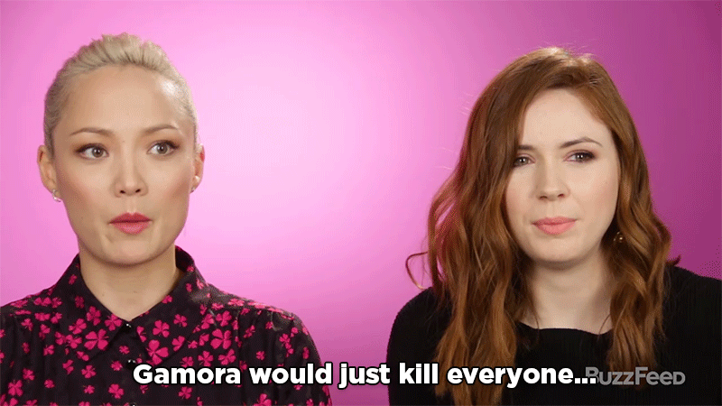 Karen: Gamora is much nicer! Pom: Yeah, Nebula would just kill everyone. Or she'd just stay in the corner and not talk to anyone. Zoe: I think that Gamora would be a little nicer? I think my sister is still very volatile. Dave: I'd rather bring Gamora home to meet my parents, but I'd rather take Nebula out on a date. Michael: Nebula has all sorts of little tools — her arm can come out and become a little hedge trimmer. Nebula!