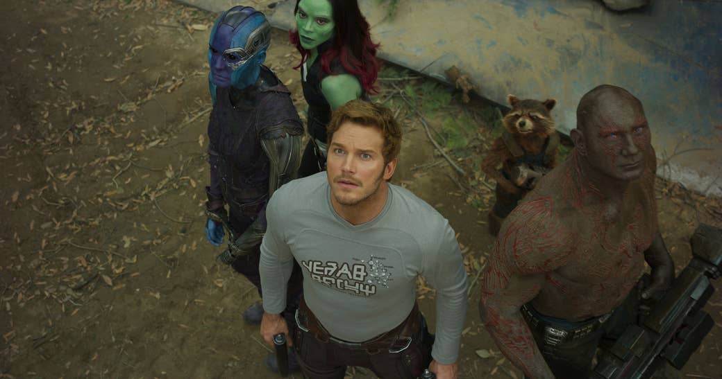 Nebula (Karen Gillan), Gamora, Peter Quill (Chris Pratt), Groot, Rocket (voiced by Bradley Cooper), and Drax in Guardians of the Galaxy Vol. 2.