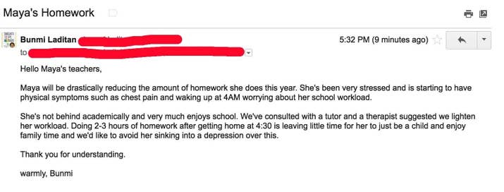 'Maya will be drastically reducing the amount of homework she does this year,' Laditan wrote in the email. 'She's been very stressed and is starting to have physical symptoms such as chest pain and waking up at 4AM worrying about her school workload.'She added that her kid is doing well in school, but even a tutor and therapist recommended lightening the load. Right now, the homework 'is leaving little time for her to just be a child,' Laditan wrote.