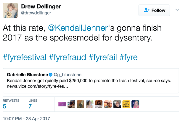 Kendall was one of the big names supporting the festival, and reportedly got paid $  250k to promote it.