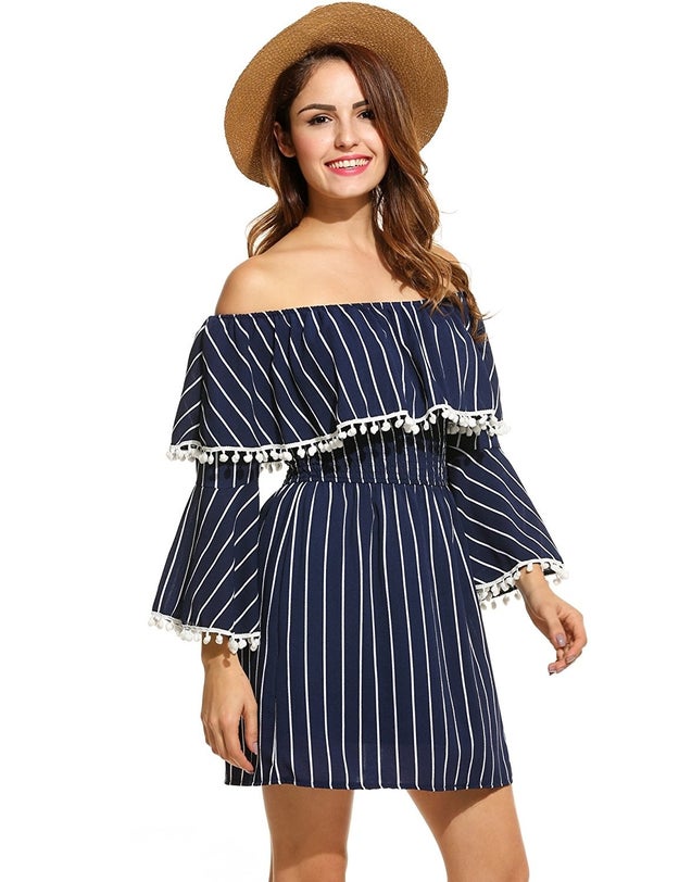 A pom-pom off-the-shoulder dress you can wear sans bra to avoid unnecessary boob sweat.