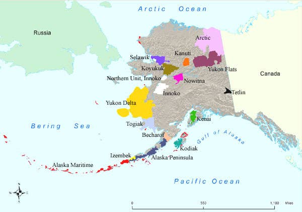 A map shows the 16 national wildlife refuges in Alaska.