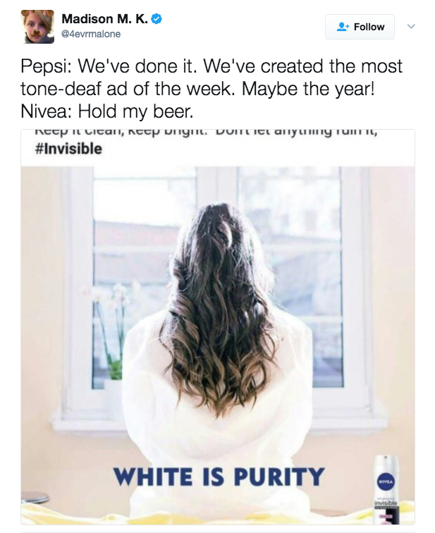 The gaffe was compared to Pepsi's Kendall Jenner protest commercial.