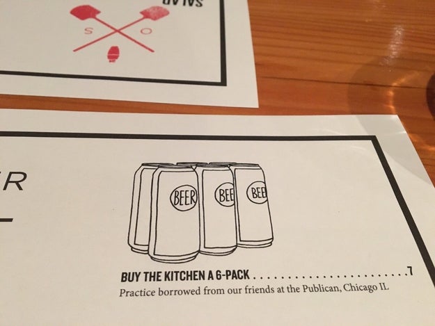 The menu that gives you the option of buying the kitchen staff a six-pack of beer as a thank you.