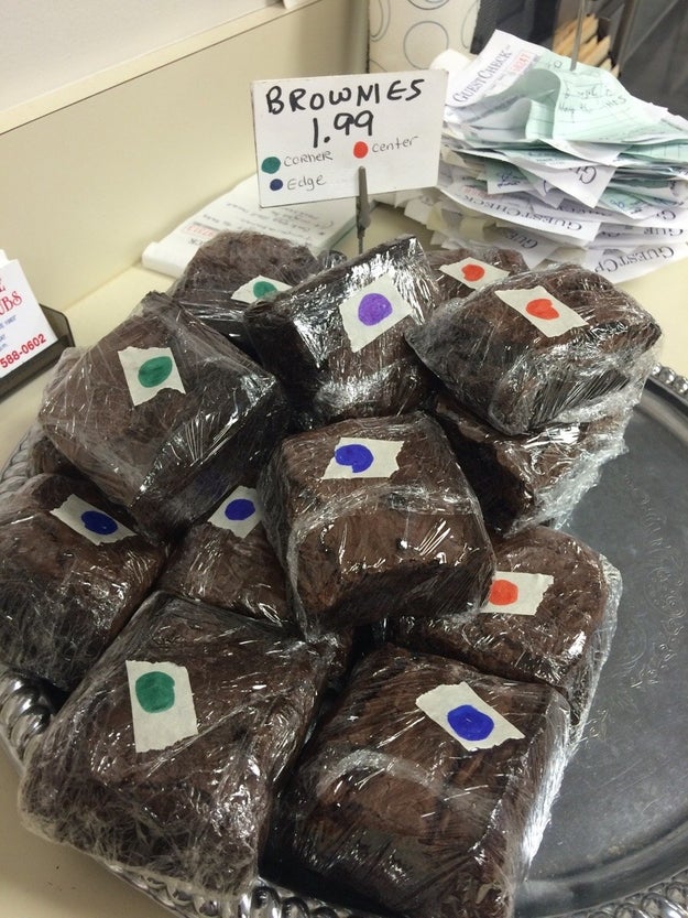The brownies that are colour coded so you know whether they're from the corner, edge, or centre of the tray.
