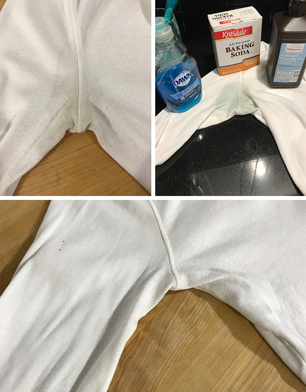 HACK #2: Remove sweat stains from clothing by pre-soaking them with a mixture of dish soap + hydrogen peroxide + baking soda.