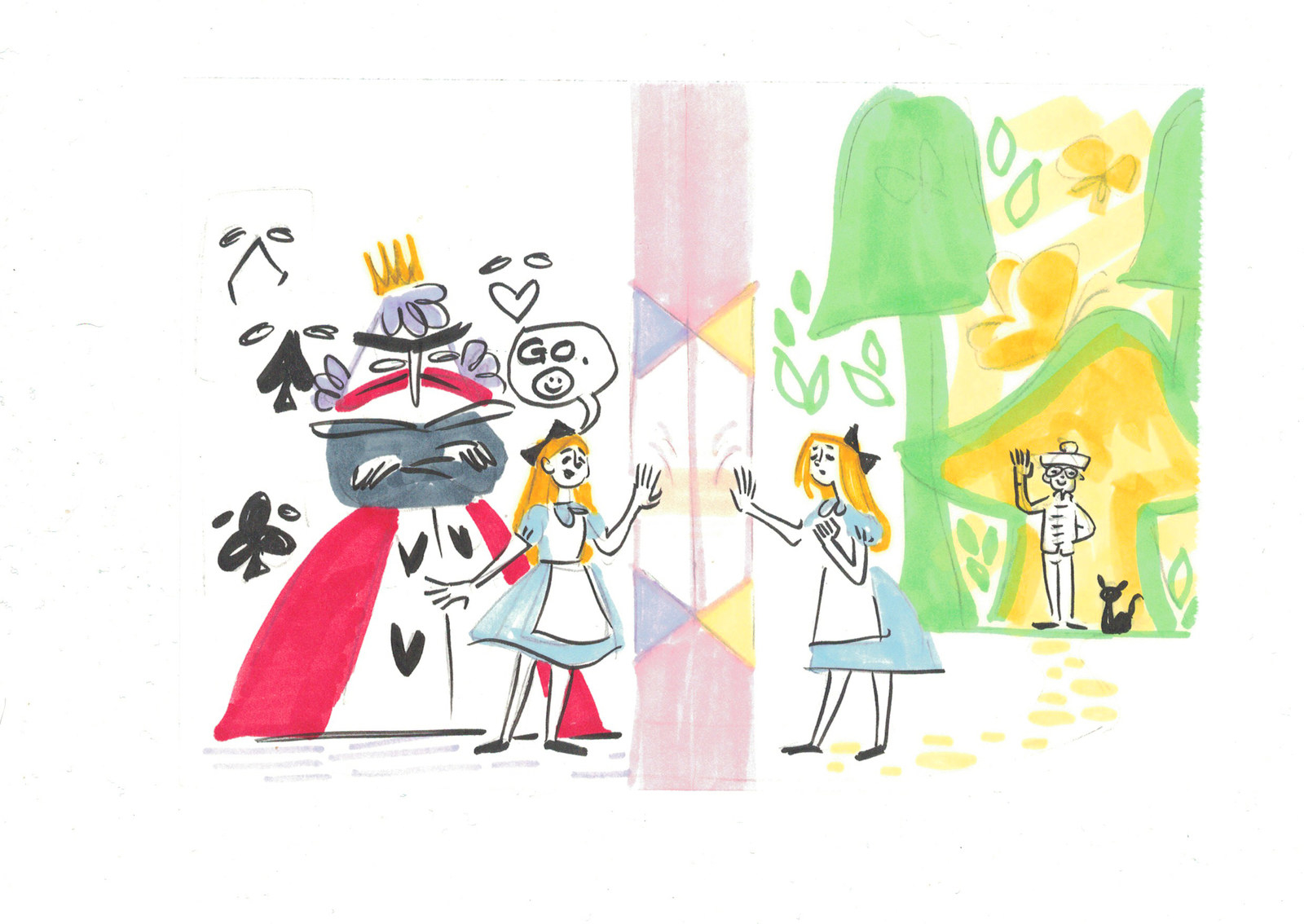 Lastly, I've learned to let myself be happy. My therapist asked me, "If the Queen (anxiety/depression) lived on one side of the mirror with Alice, and I lived on the other side, and I, having moved through the Looking Glass, what would Alice tell me?"And I replied with this drawing above."Go."Live.